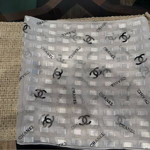 CHANEL White and Black Logo Sheer Silk Scarf